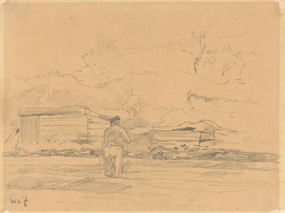 Landschap met man in het midden voor een schuurtje 20th century
