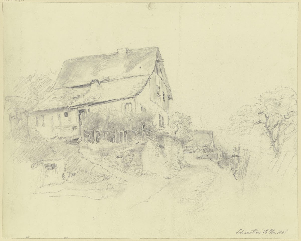 Straße in Schmitten links ein Haus mit Zaun auf einer Mauer 1845