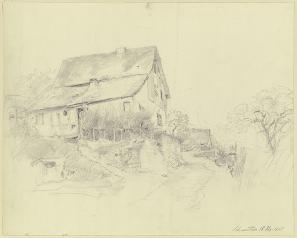Straße in Schmitten links ein Haus mit Zaun auf einer Mauer 1845