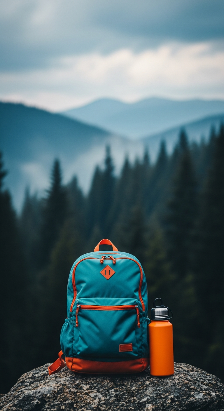 Teal Backpack and Flask on Rock with Misty Mountain Forest - Free 4K mobile Wallpaper
