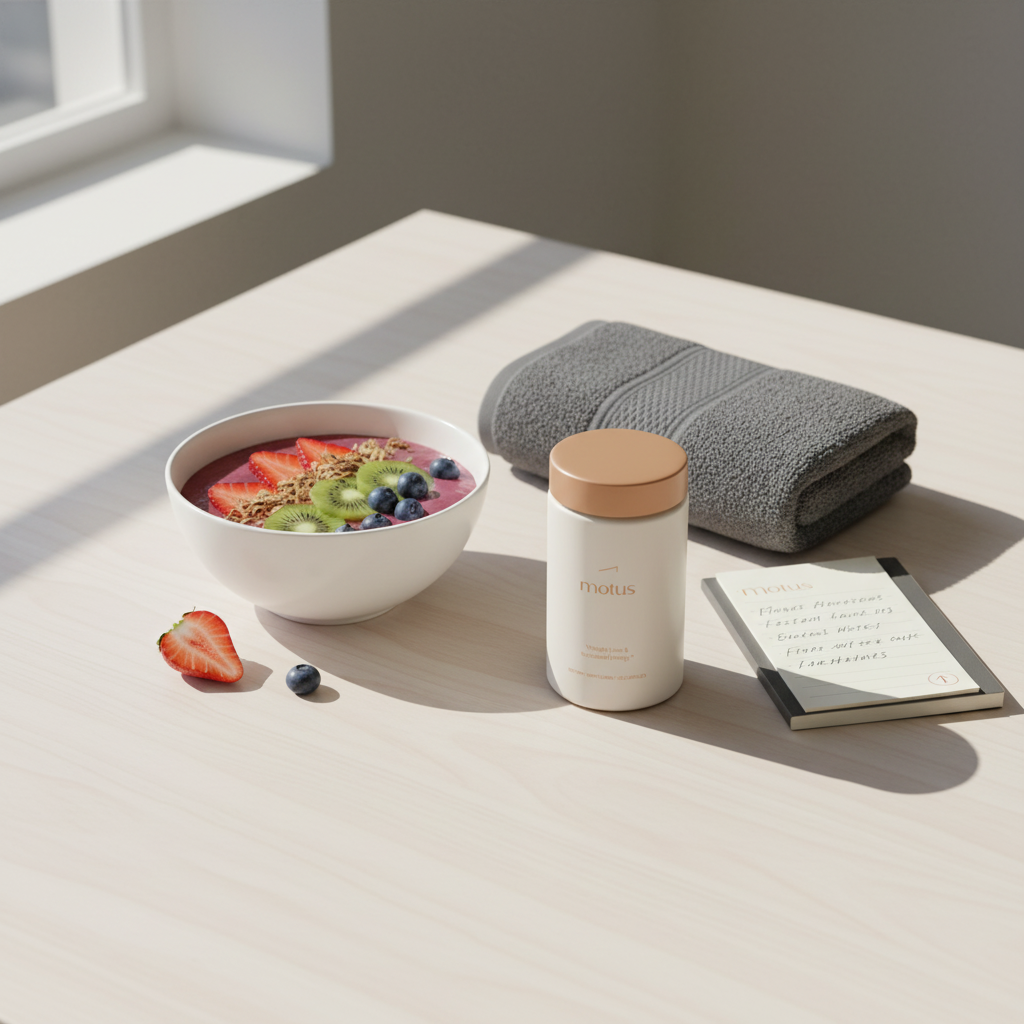 Minimalist morning wellness scene with Tonum Motus supplement jar beside a smoothie bowl, folded towel and fitness notes on a wooden table, promoting routine sustainable weight management — best collagen for weight loss