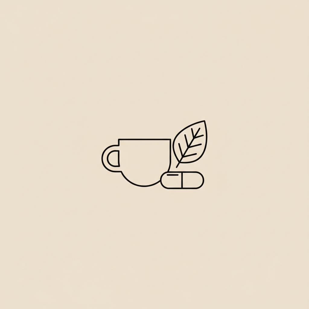 Minimal Tonum-style line illustration of a coffee cup, small capsule, and leaf clustered on beige background representing a coffee loophole for weight loss