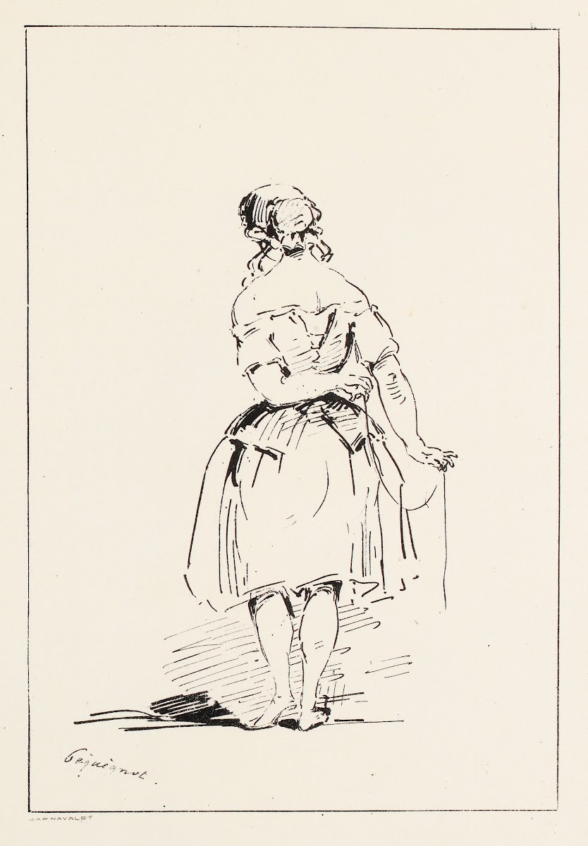 Femme de dos laçant son corset 1850