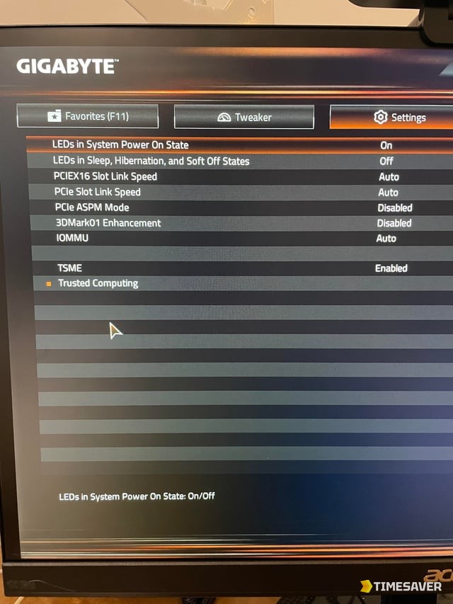 Trusted Computing menu in a Gigabyte UEFI BIOS where the fTPM and Security Device settings live for Warzone and Black Ops 7