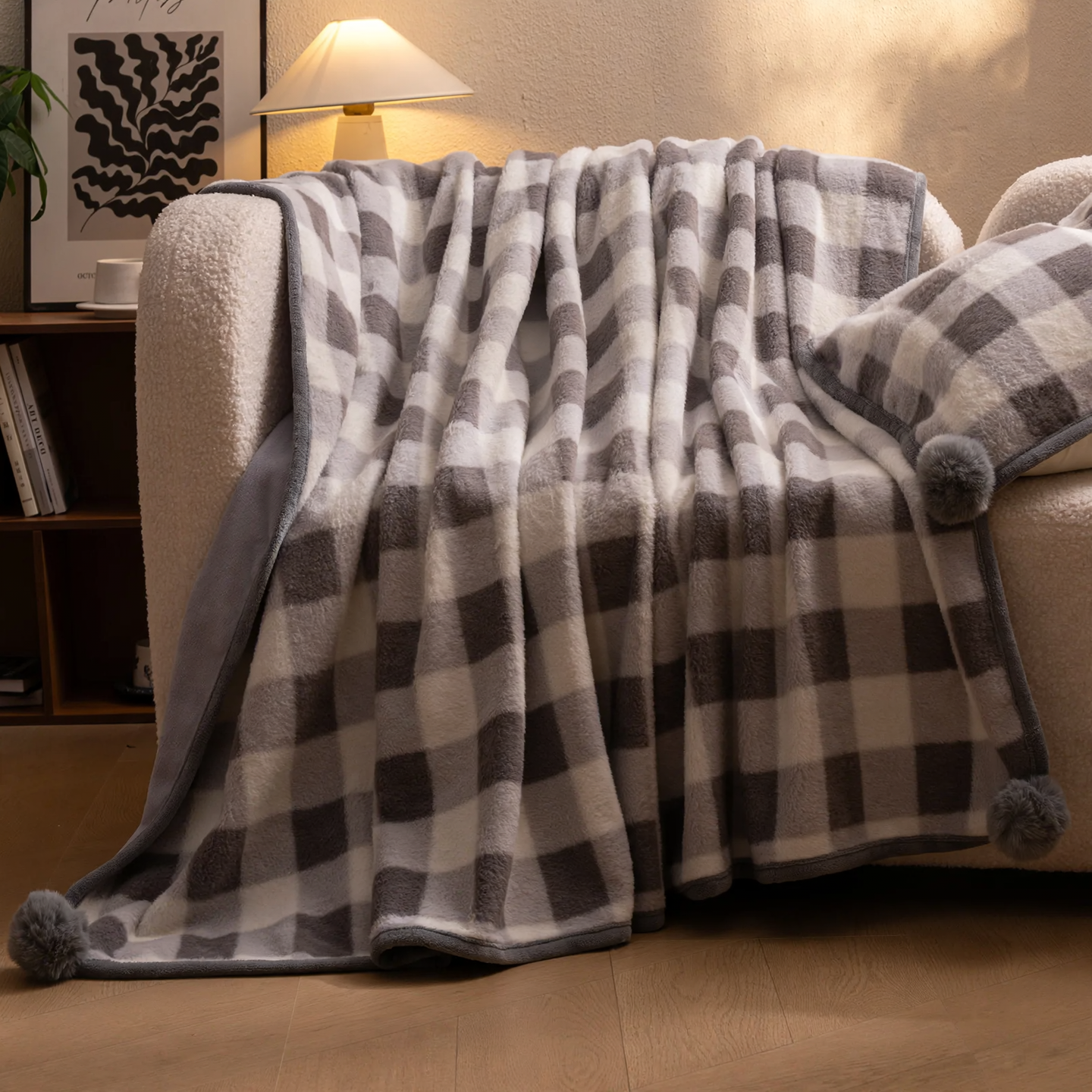 Fluffy wool blanket with plaid pattern, versatile
