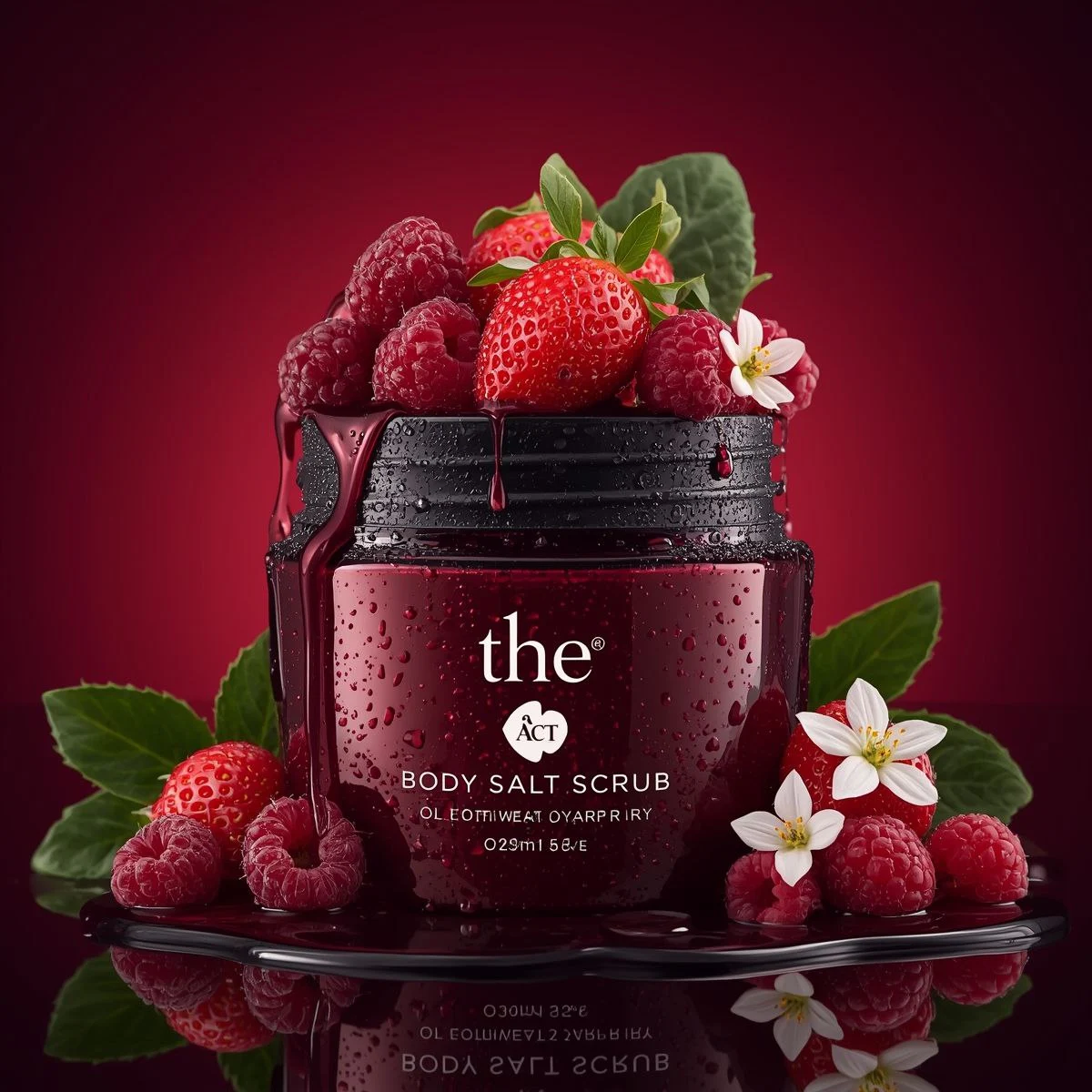 Anuncio de montaje de tarro de cristal con fresas y frambuesas
