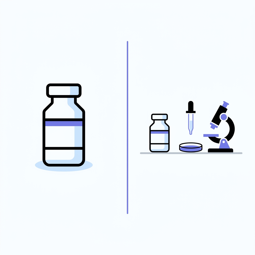 Minimalist 2D vector side by side composition showing a prescription vial with blue accent band and a research peptide vial with lab tools representing bpc 157 peptide in Peptide World color palette