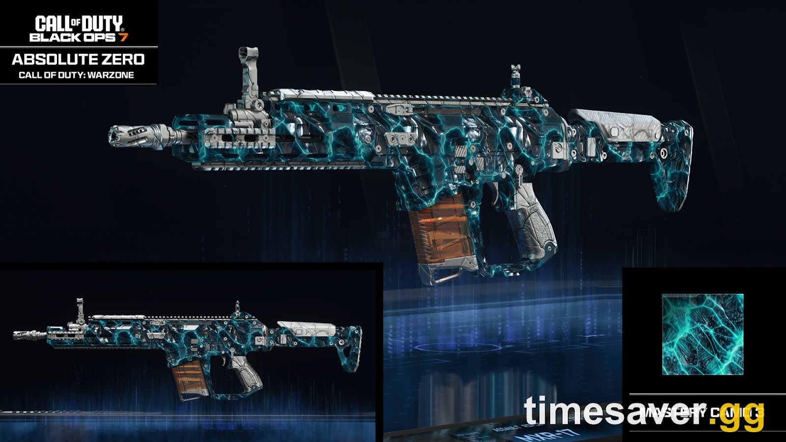 Black Ops 7 Absolute Zero Warzone Mastery camo — the icy tier-3 finish on the road to Apocalypse, two tiers above Golden Damascus