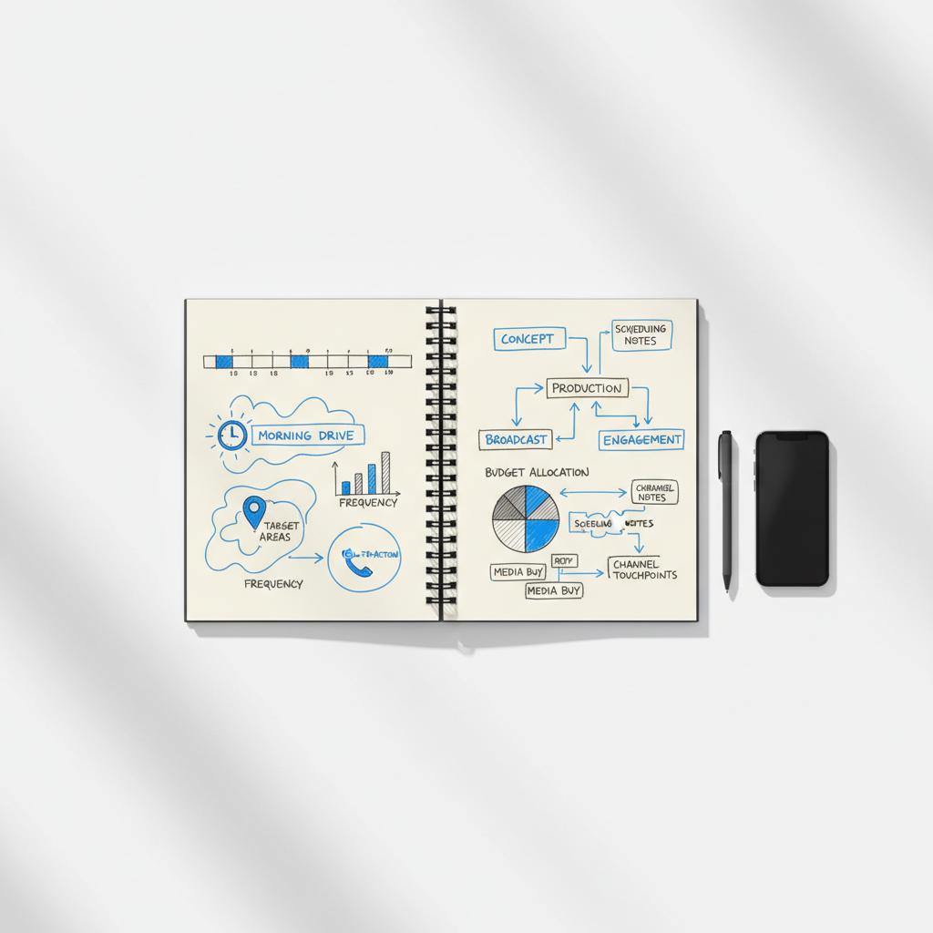 Top-down tidy desk with open notepad showing sketched radio advertising plan (map pin, morning-drive clock, phone icon) with dark gray ink and blue brand accents on white background.