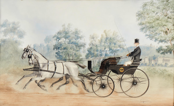 A noble gentleman in a court carriage near Weilburg and Rauheneck ruin in Baden