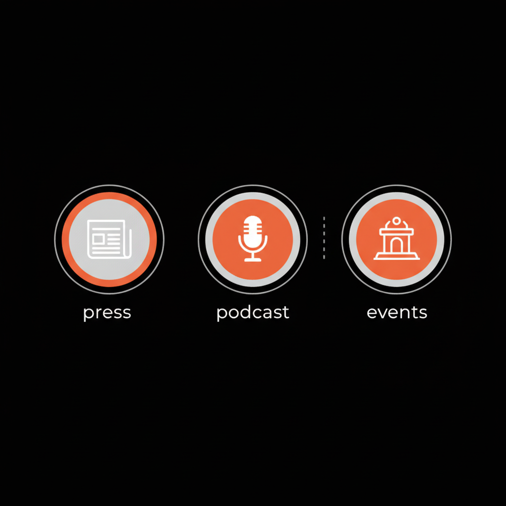 Minimal horizontal infographic for Instagram verification with three circular icons (newspaper, podcast mic, conference stage) on black background