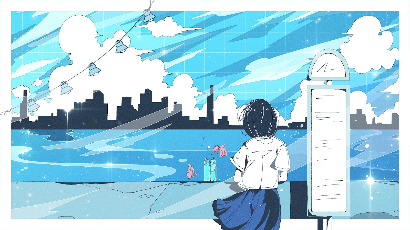 Student Waiting At Blue Bus Stop - Anime Digital Art 4K Wallpaper (3840x2160)