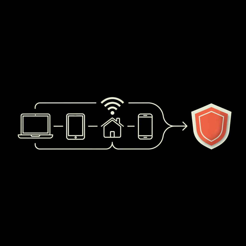 Minimal 2D vector infographic of trusted devices (home Wi‑Fi, laptop, tablet, phone) connected by subtle gray lines to an orange shield icon indicating verification — google password recovery
