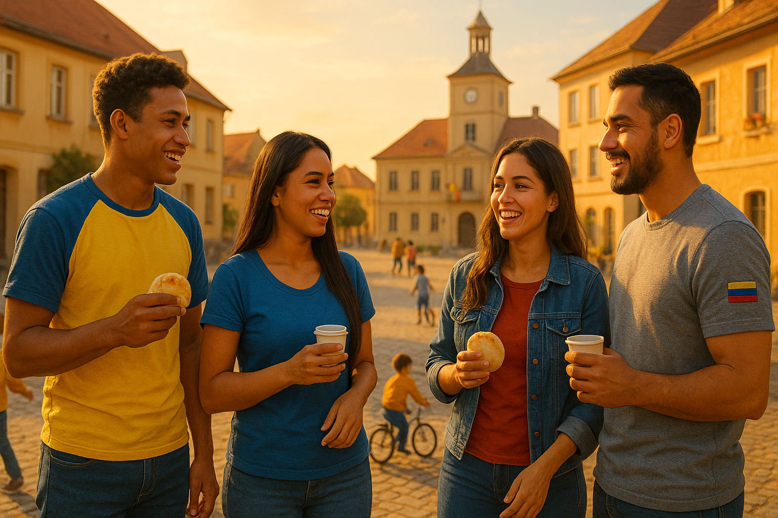 Venezolanos reunidos en una plaza de una ciudad pequeña en el extranjero, sonriendo