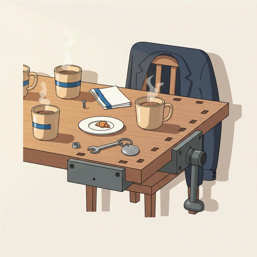 Wie kann man cool danke sagen? Detailaufnahme einer Werkbank/Esstisch-Kombination mit graviertem Schlüsselbund, Kaffeetasse, warmem Licht und authentischem industriellen Holz‑Metall-Charme.
