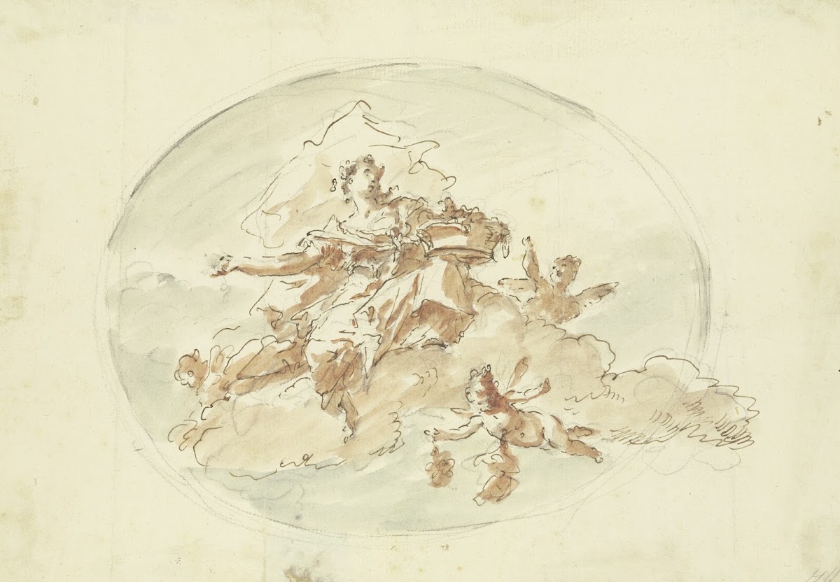 In Wolken schwebender weiblicher Genius mit Krone