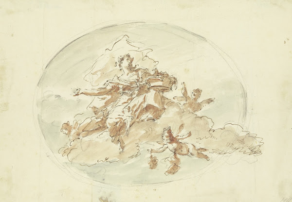 In Wolken schwebender weiblicher Genius mit Krone