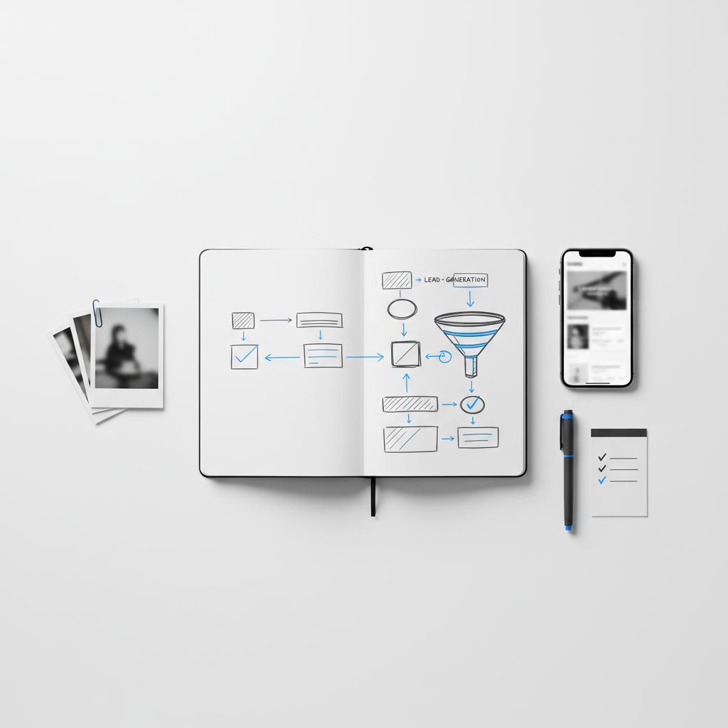 how to get free leads on Thumbtack: flat-lay notebook with lead sketches, smartphone with generic listing, before-and-after photos and pen on checklist