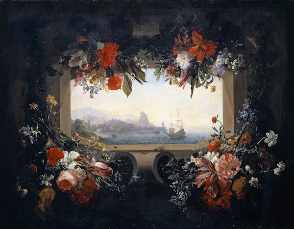 Flower Still Life Cartouche With Garland Inside A View Of A Seaport 1713