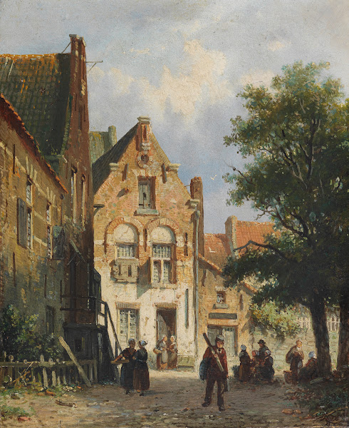 Belebte Strassenszene in einem holländischen Städtchen ca 1880 1885