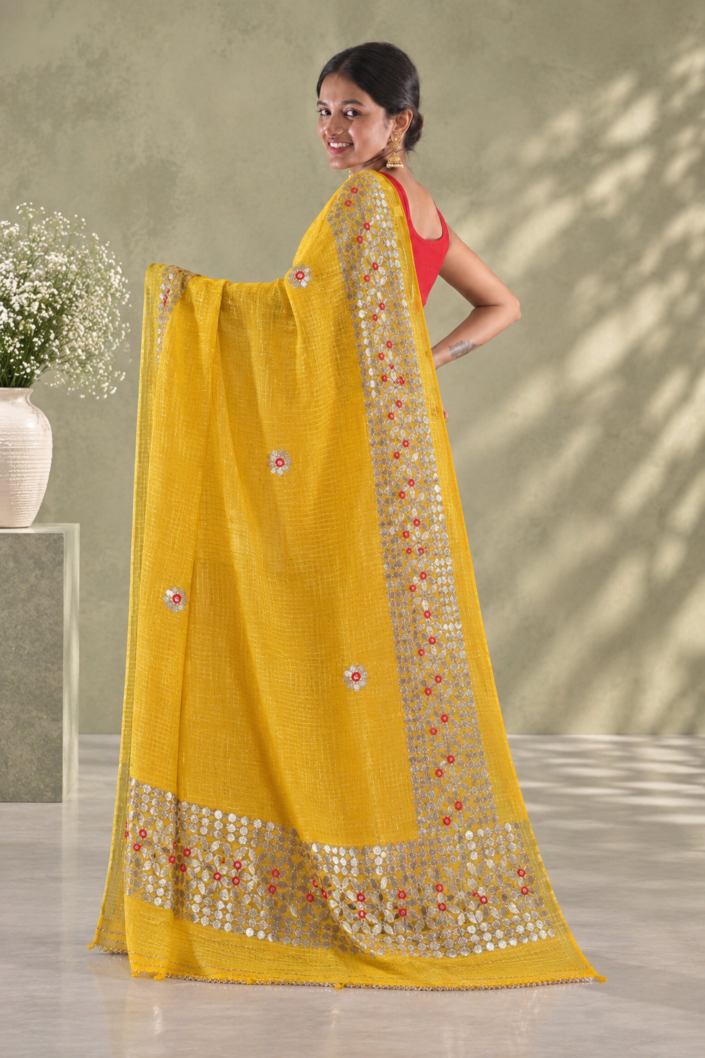 Women's Designer Kota Doria Gota Patti Saree with Aari Embroidery & Unstitched Blouse Piece - additional view
