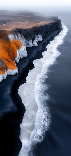 Aerial View of High Contrast Coastal Cliffs and Black Sand Beach - Free mobile Wallpaper