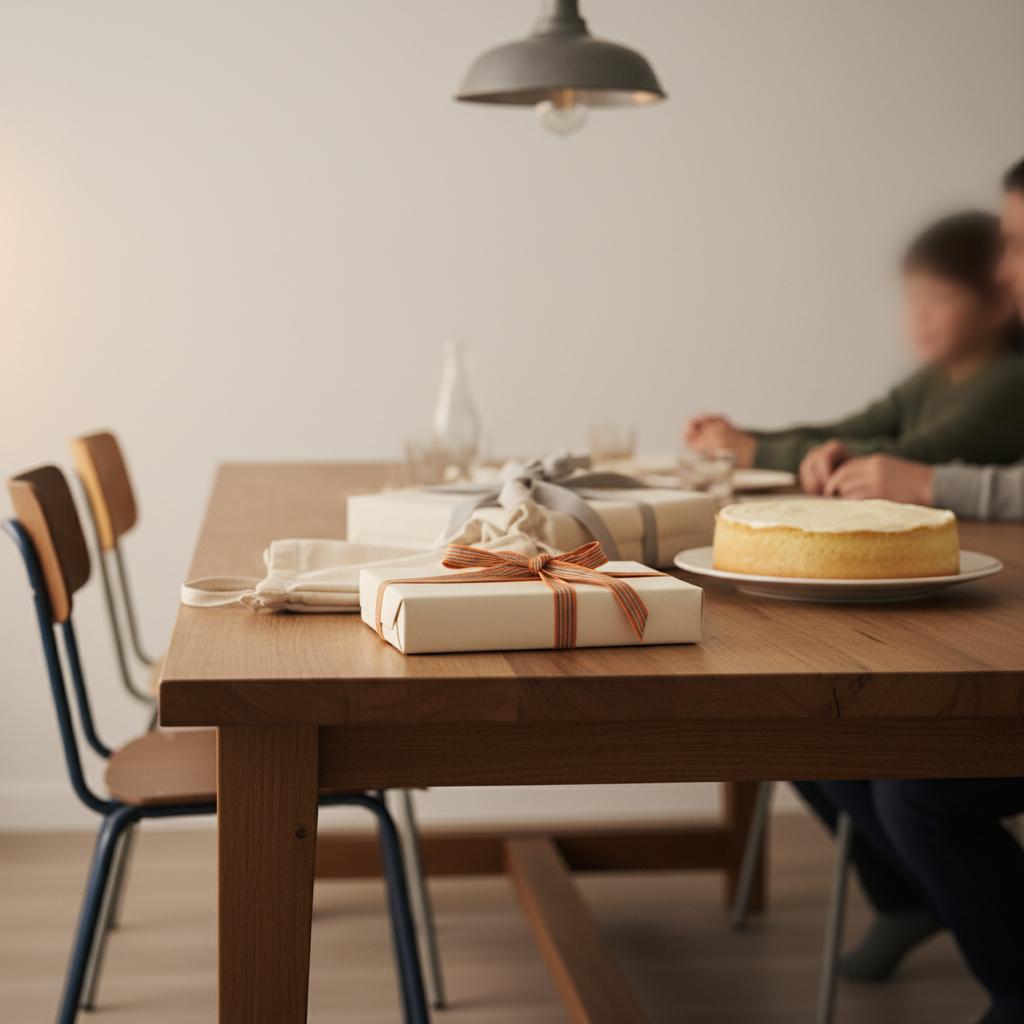 Intime Esstischszene mit Geschenken und einfacher Vanilletorte, warme Beleuchtung und industrielle Metallakzente — geschenkideen senioren