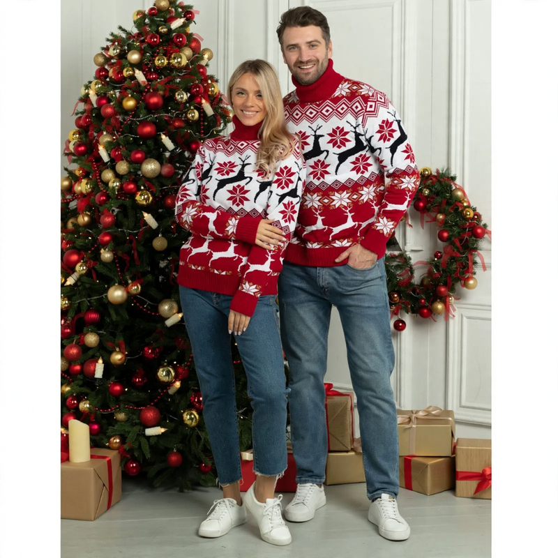 Unisex Christmas Sweater with Reindeer Jacquard and Turtleneck