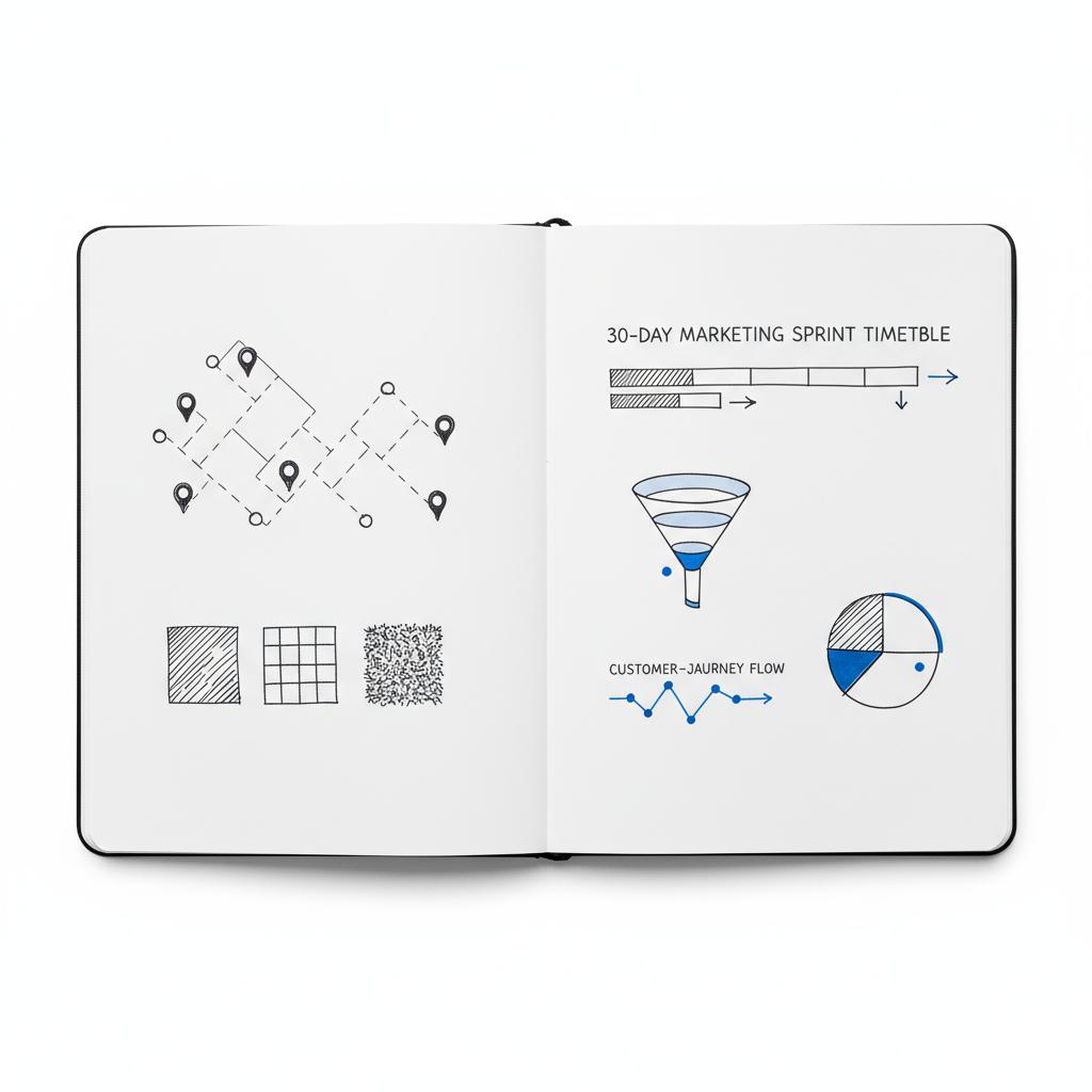 Notebook spread with hand-drawn neighborhood map, 30-day marketing sprint timetable, and small flooring swatches in dark #39383f ink with #1a5bfb accents, focused on flooring leads