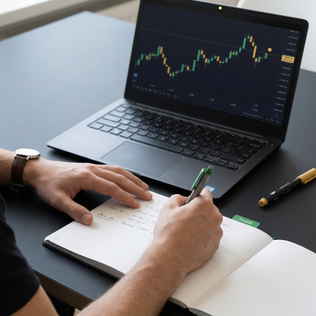 Close up of hands writing trading journal beside laptop showing simulated chart learning how to trade stocks minimalist Finance Police aesthetic
