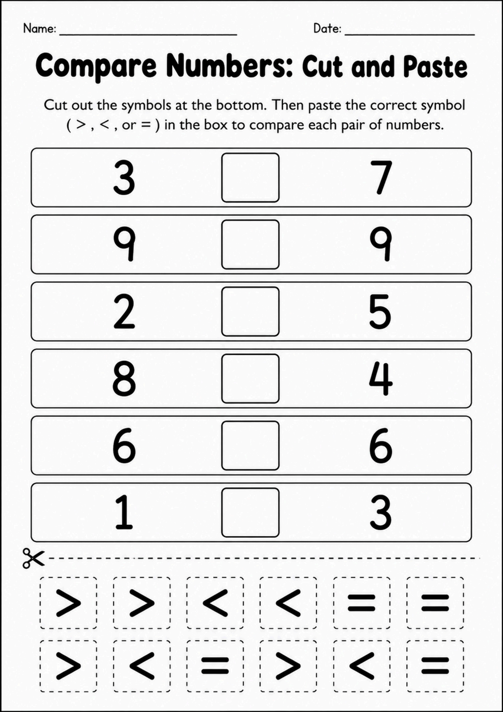 Compare Numbers: Cut and Paste Worksheet