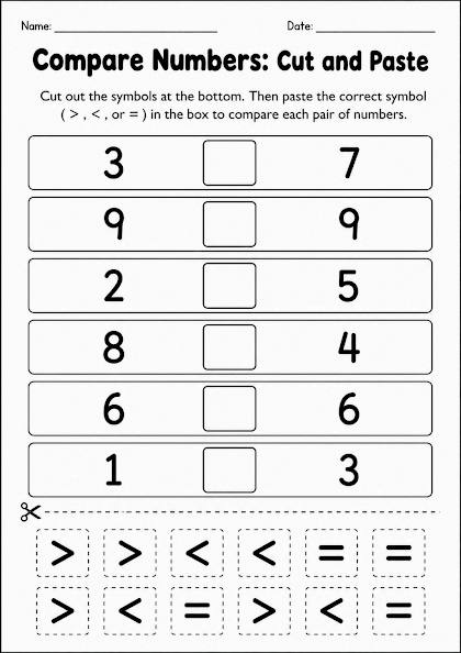Compare Numbers: Cut and Paste Worksheet