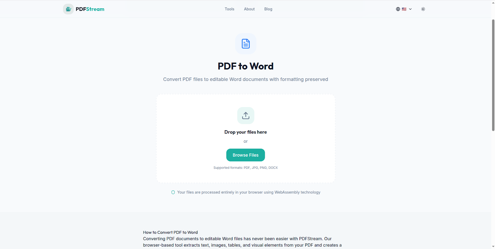 Convert PDF to Word free - PDFStream browser based PDF converter no upload 2026