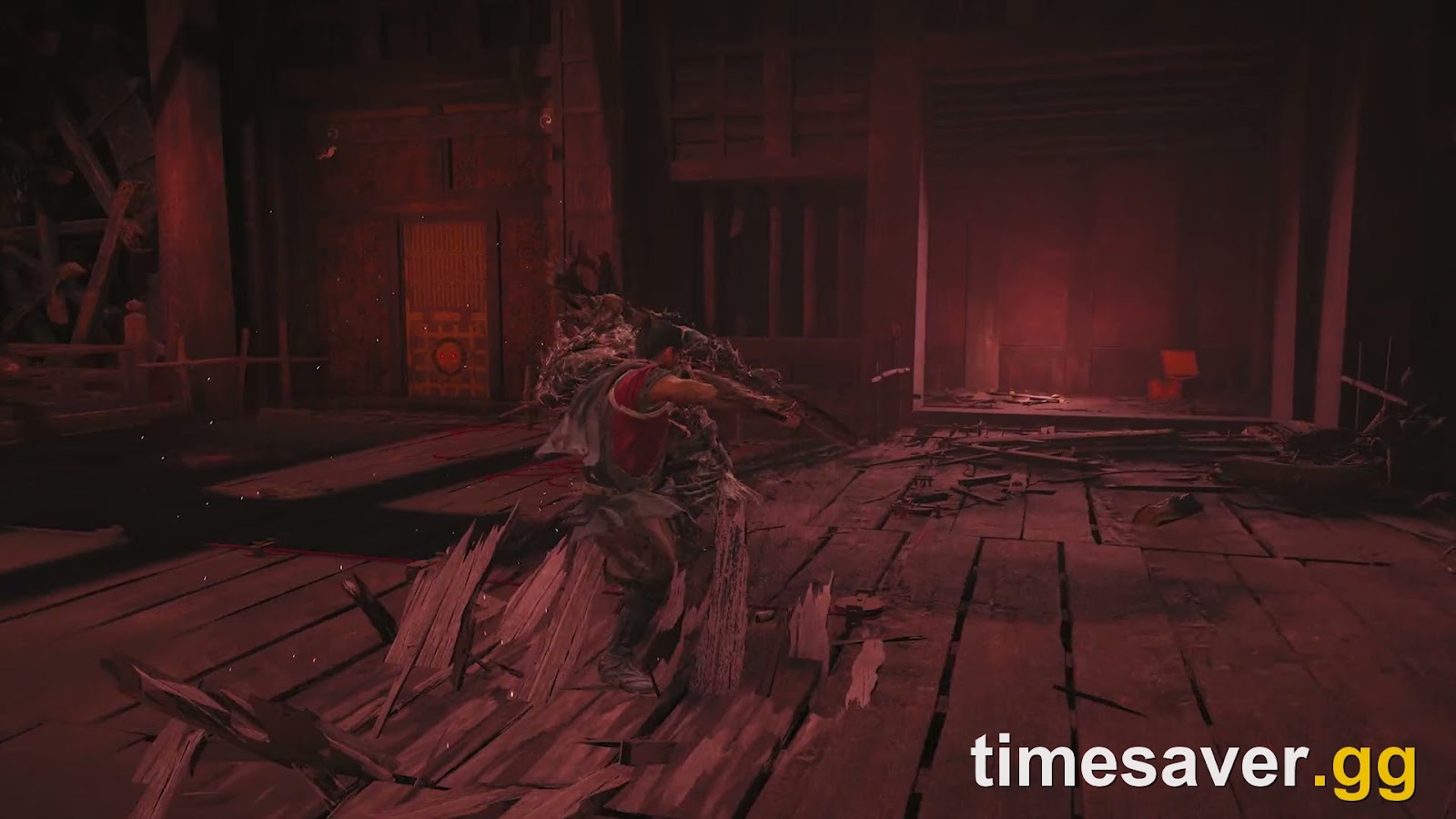Miyamoto Musashi mid-attack in a fast, weighty exchange in Onimusha: Way of the Sword