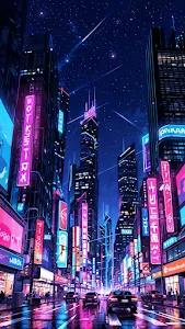 Neon Cyberpunk City Street Under Starry Sky