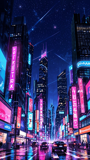 Neon Cyberpunk City Street Under Starry Sky - Free mobile Wallpaper