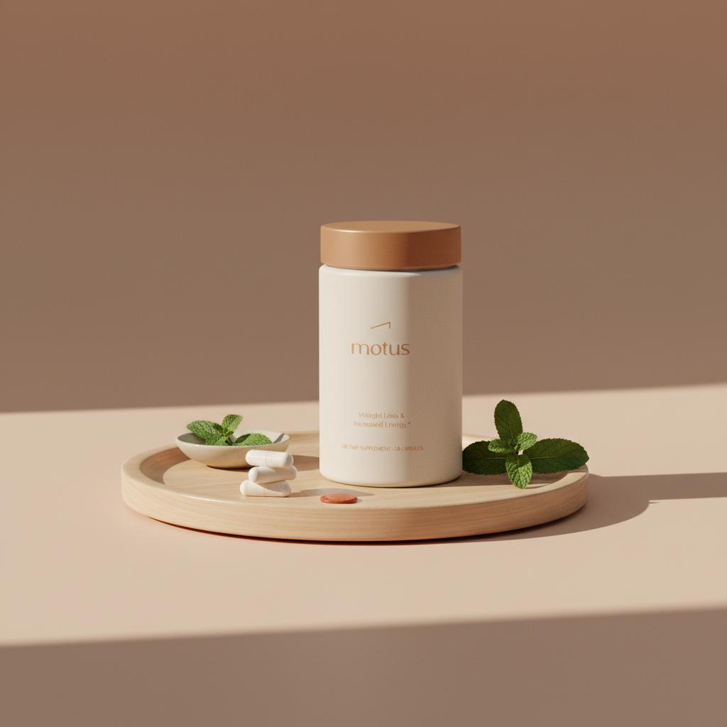 Motus supplement jar on wooden tray with white capsules and a mint sprig against a #F2E5D5 background, minimalist scene for apple cider vinegar pills weight loss
