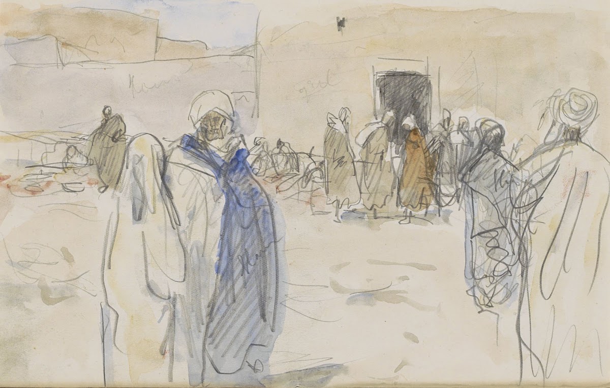 Straat met figuren bij een huis 1923