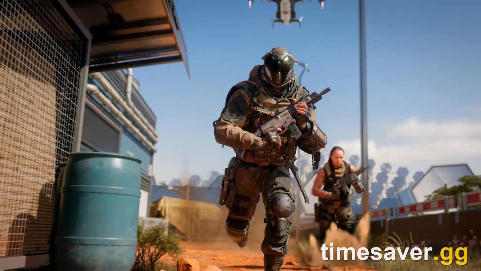 Black Ops 7 multiplayer gameplay running after the ownership error is fixed — an operator sprinting through a desert compound