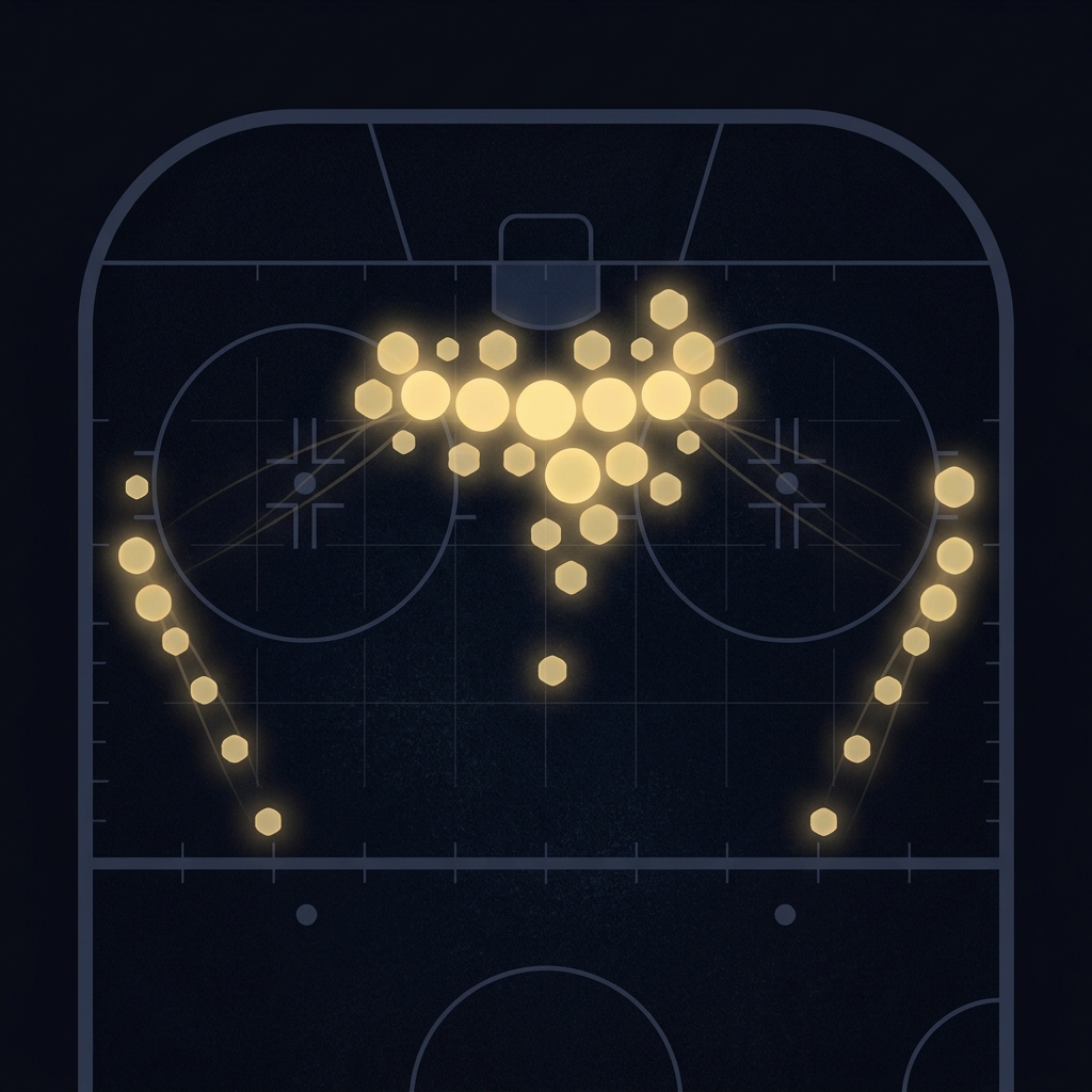 Close up tracking based shot map highlighting rush and slot clusters illustrating How to Analyze Goaltender Matchups in a Funded Plays minimalist dark brand style