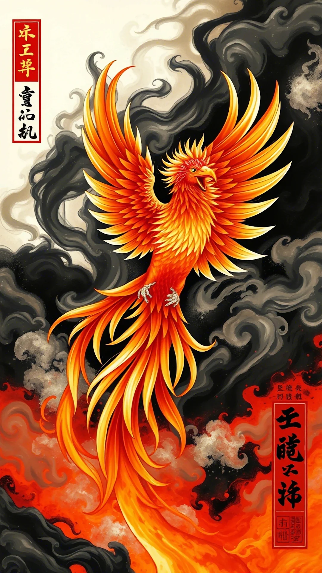 Fiery Chinese Phoenix Rising Amidst Red and Black Smoke - Free 4K mobile Wallpaper