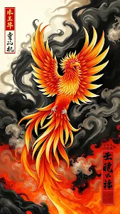 Fiery Chinese Phoenix Rising Amidst Red and Black Smoke