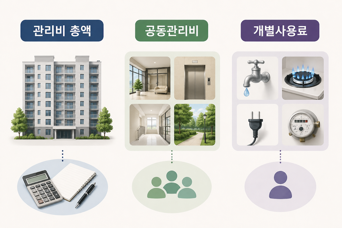 관리비 총액, 공동관리비, 개별사용료의 차이를 세 칸으로 비교