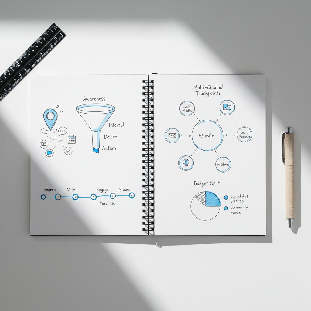 Top-down notebook photo showing sketches of a local business funnel, map pin and icons for photos, reviews and booking &mdash; Google Business Profile cost