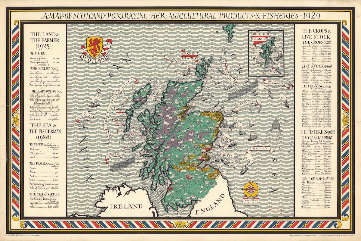 A Map Of Scotland Portraying Her Agricultural Products  Fisheries 1929