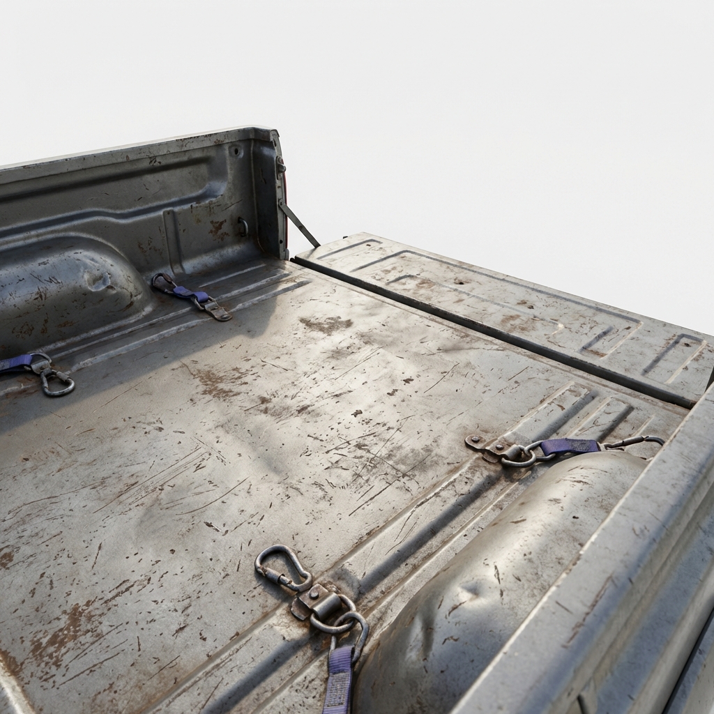 Close up of a Toyota Hilux rear bed showing worn metal scratches dents and visible tie down points highlighting heavy use and condition for sale toyota hilux for sale