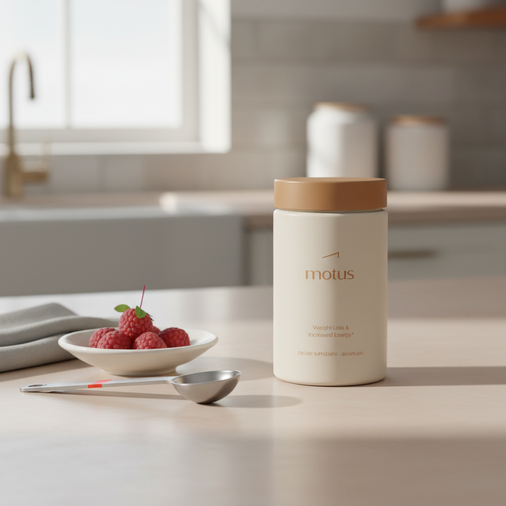 Tonum Motus supplement bottle on a calm kitchen countertop next to a dish of berries and a measuring spoon, illustrating ashwagandha weight loss support and minimalist wellness.