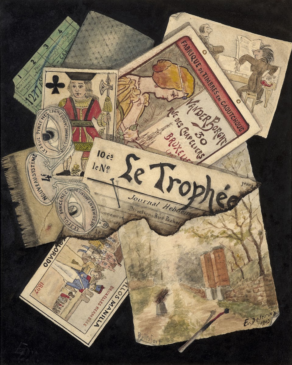 Trompe lœil of playing cards matches posters and watercolour landscapes 1903