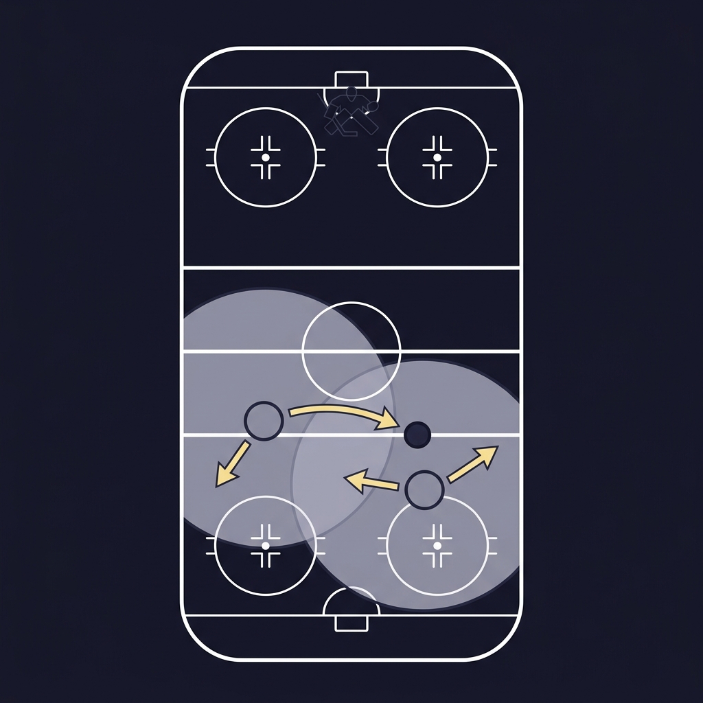 Minimalist 2D vector diagram of a hockey defensive pairing with two circular defender tokens and curved arrows showing coverage zones and responsibilities on a dark Funded Plays style background oddsshark nhl picks