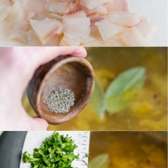 Trong một chiếc chảo lớn, rưới chút dầu olive vào chảo, đun nóng. Sau đó thêm hành tây, cần tây vào đảo cho chín mềm. Đổ hỗn hợp này vào nồi canh. Cho tôm, phi lê cá, lá nguyệt quế, hạt tiêu và ngò tây vào đun sôi khoảng 5 phút cho đến khi tôm và cá chín. Nêm nếm lại gia vị cho vừa ăn theo khẩu vị gia đình thì tắt bếp.